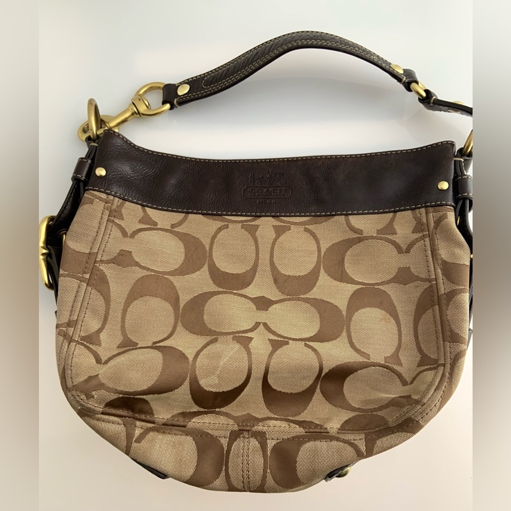 SOLD COACH ZOE Shoulder Bag Signature Jacquard Khaki & Mahogany Leather Hobo